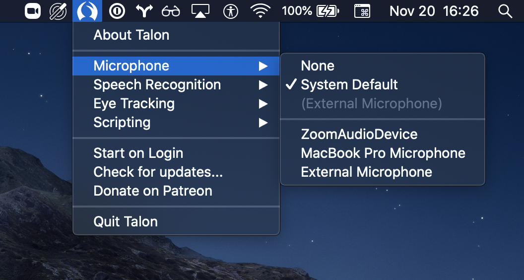 screenshot of the desktop on a mac showing the Talon microphone menu